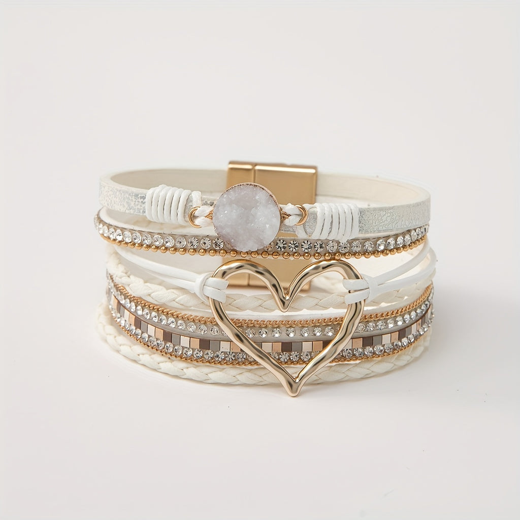 [Boho Chic Heart Bracelet] Boho Chic Multi-Layer PU Leather Magnetic Clasp Bracelet - Black Braided Design & Crystal Accents, Golden-Tone Metal Heart Pendant, Elegant Love Heart