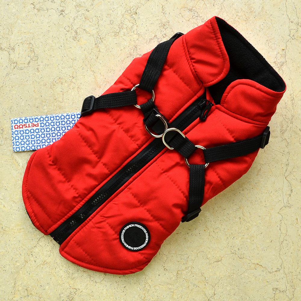 Warm Padded Dog Vest with Harness for Small and Medium Dogs - Red Coat for Extra Comfort and Security Christmas Gift