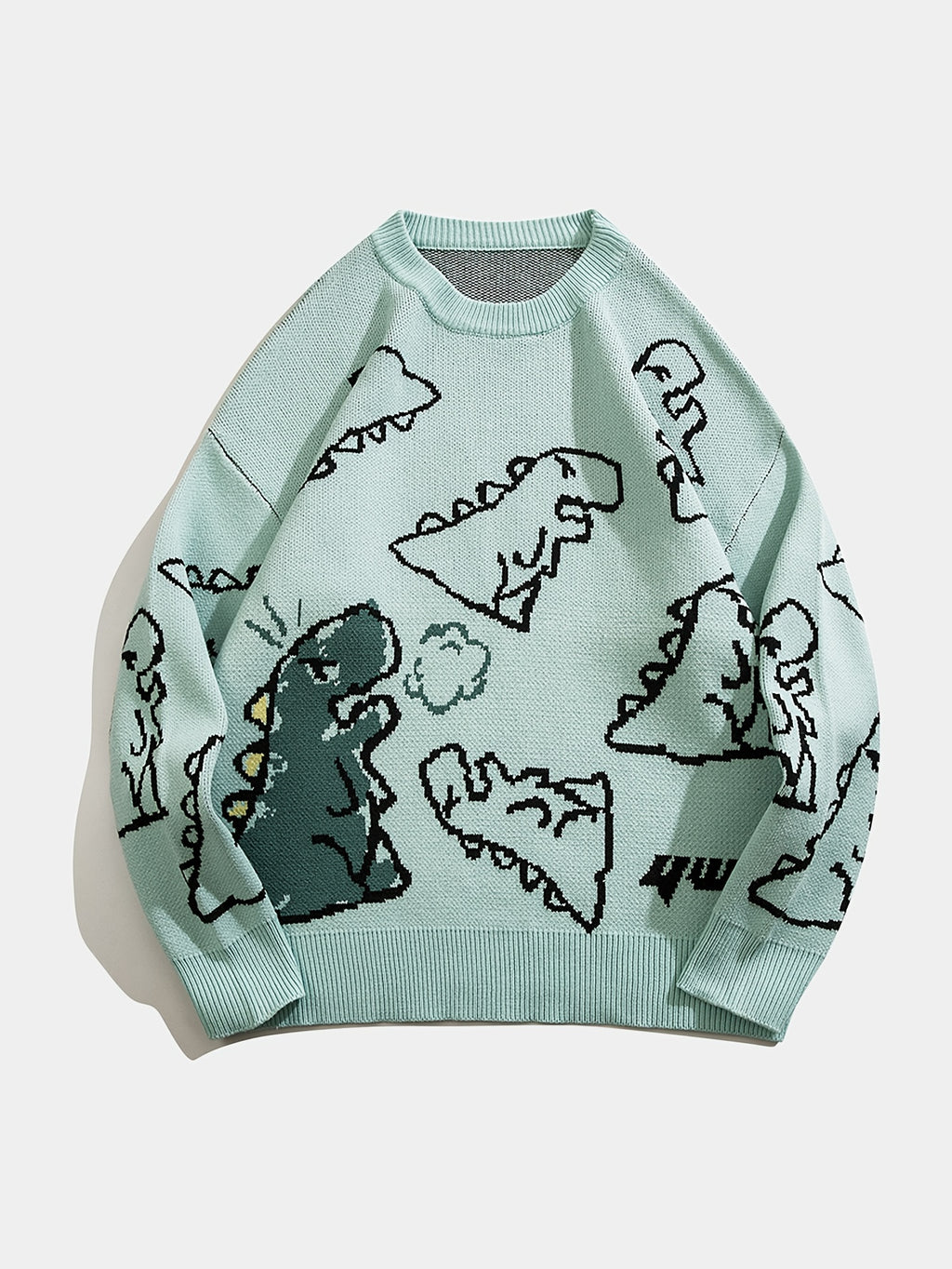 YWFG Unisex Casual Loose Fit Sweater - Black with Blue Dinosaur & Cloud Design, Long Sleeve Round Neck Pullover for Men & Women, Cozy Fall/Winter Knitwear, Dinosaur Clothes, Fall Winter Apparel, Playful Graphic Design, Comfor