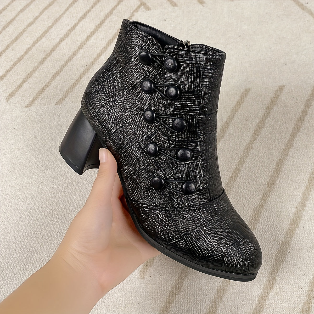 Chunky Heeled PU Leather Ankle Boots With Button Decor, Women's Footwear