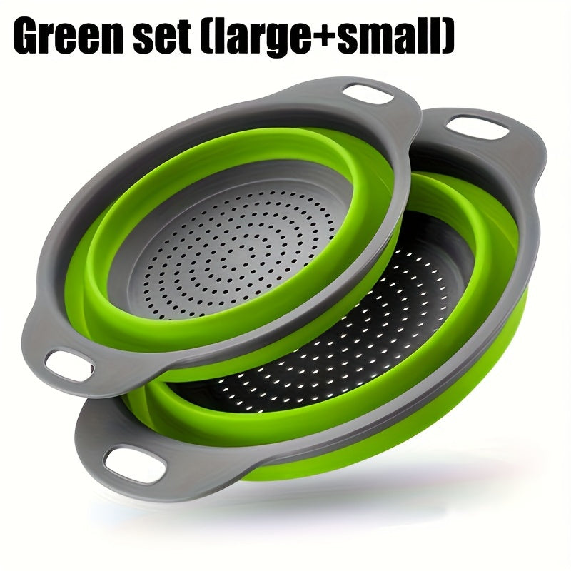 1/2 Set of Round Kitchen Draining Baskets, Foldable Funnel - Includes One Large And One Small, Perfect for Draining Pasta, Vegetables, And Fruits (Green, Red, Blue)