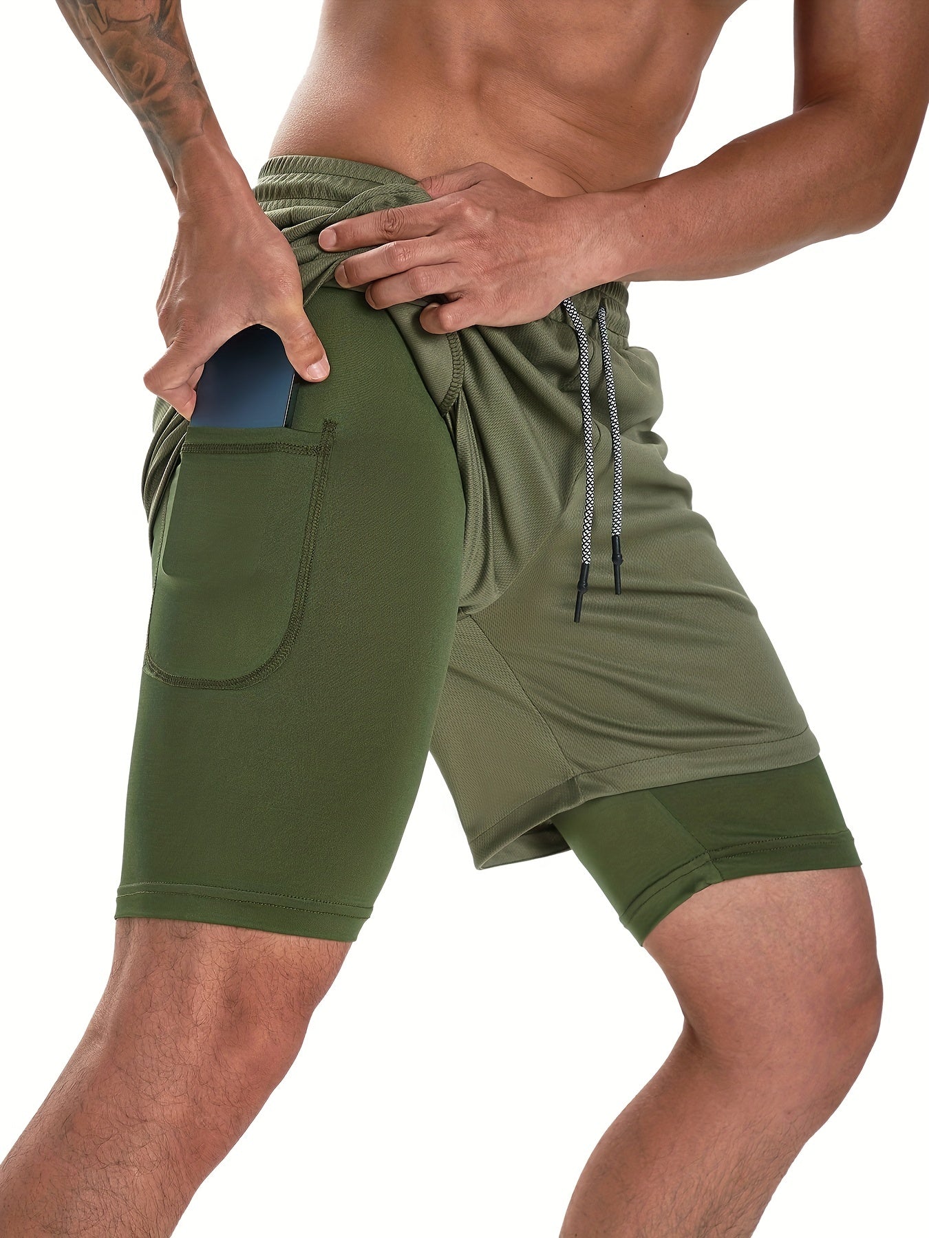 Men's 2 In 1 Workout Running Shorts, Quick Dry Athletic Gym Training Multicolor Shorts With Phone Pockets