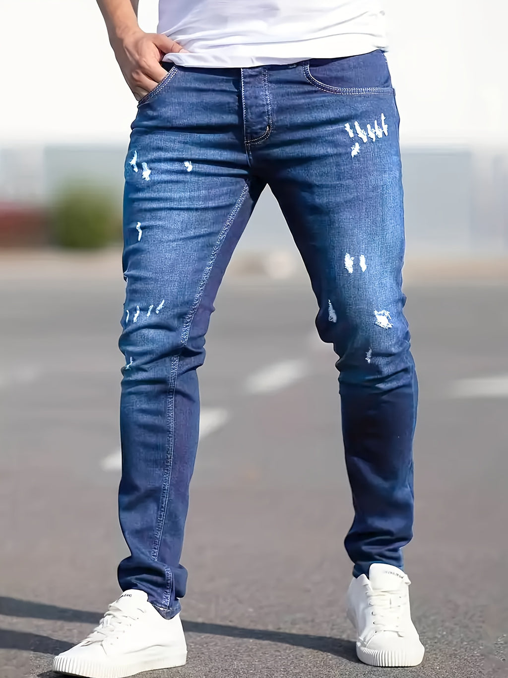 Slim Fit Ripped Jeans, Men's Casual Street Style Distressed Medium Stretch Denim Pants