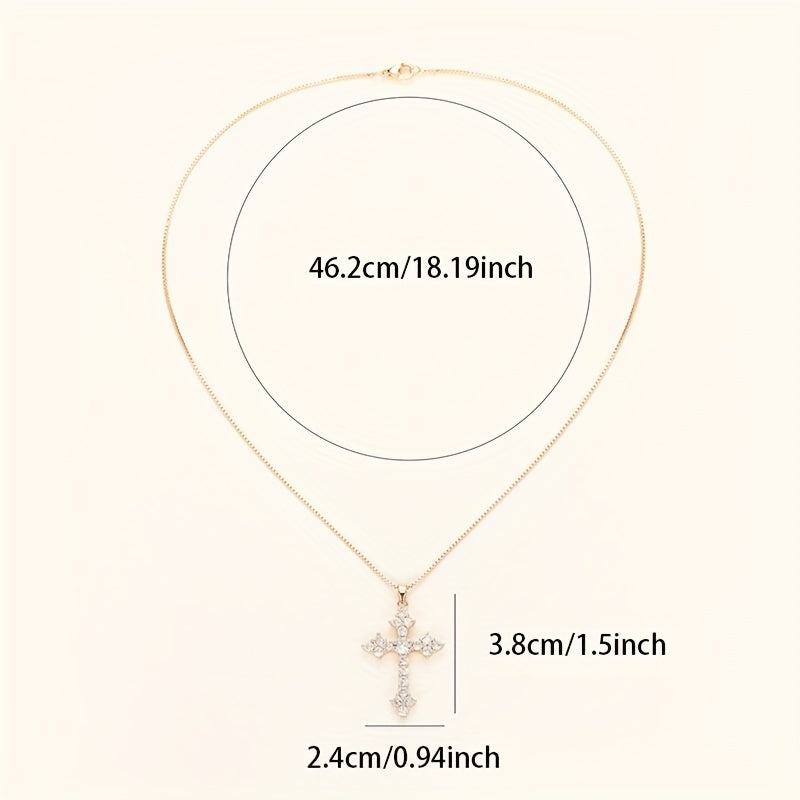 Dainty Cross Shape Pendant Necklace Inlaid Round Cut Shiny Zirconia Good Lucky Adjustable Clavicle Chain