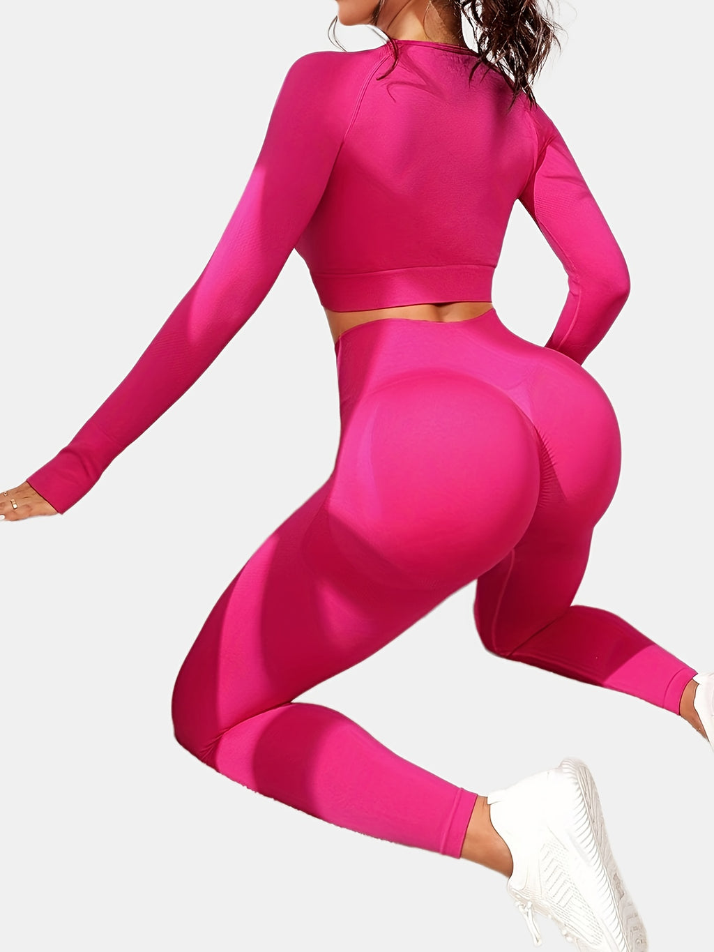 Women's Yoga Sports Suits, Seamless Stretchy Fitness Suits, Long Sleeve Thumb Hole Cropped Top & Slimming Leggings, Women's Activewear