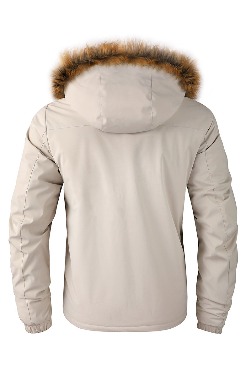 Men'S Winter Windbreaker Jacket with Lamb Fur Collar, Polyester 100% Windproof Zippered Sports Jacket, Alphabet Pattern, Regular Sleeve, Casual Outdoor Wear, H Fit, 150g/m² Fabric Weight