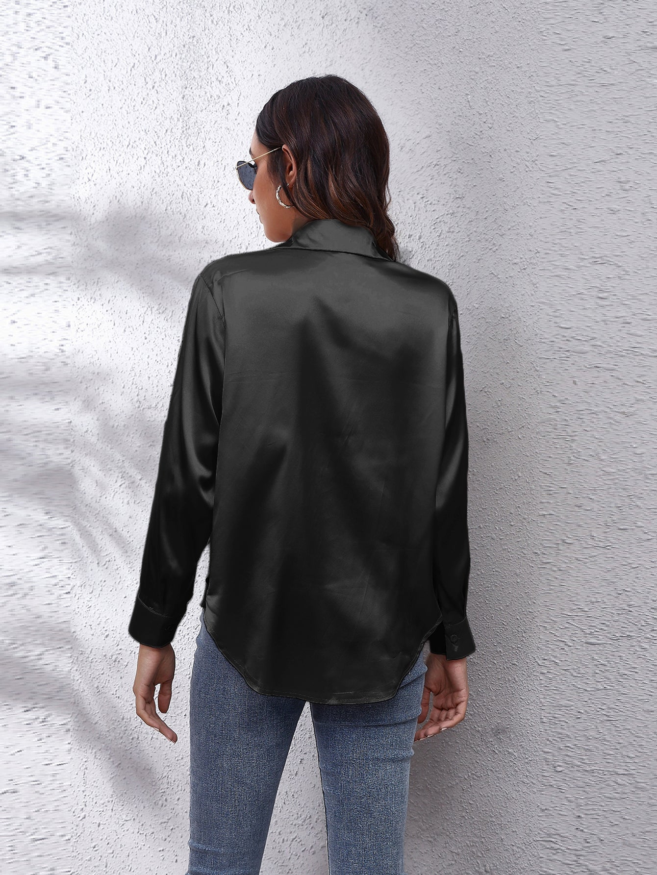 Solid Color Long Sleeve Button Down Tops, Business Casual Blouses For All Seasons, Women's Clothing