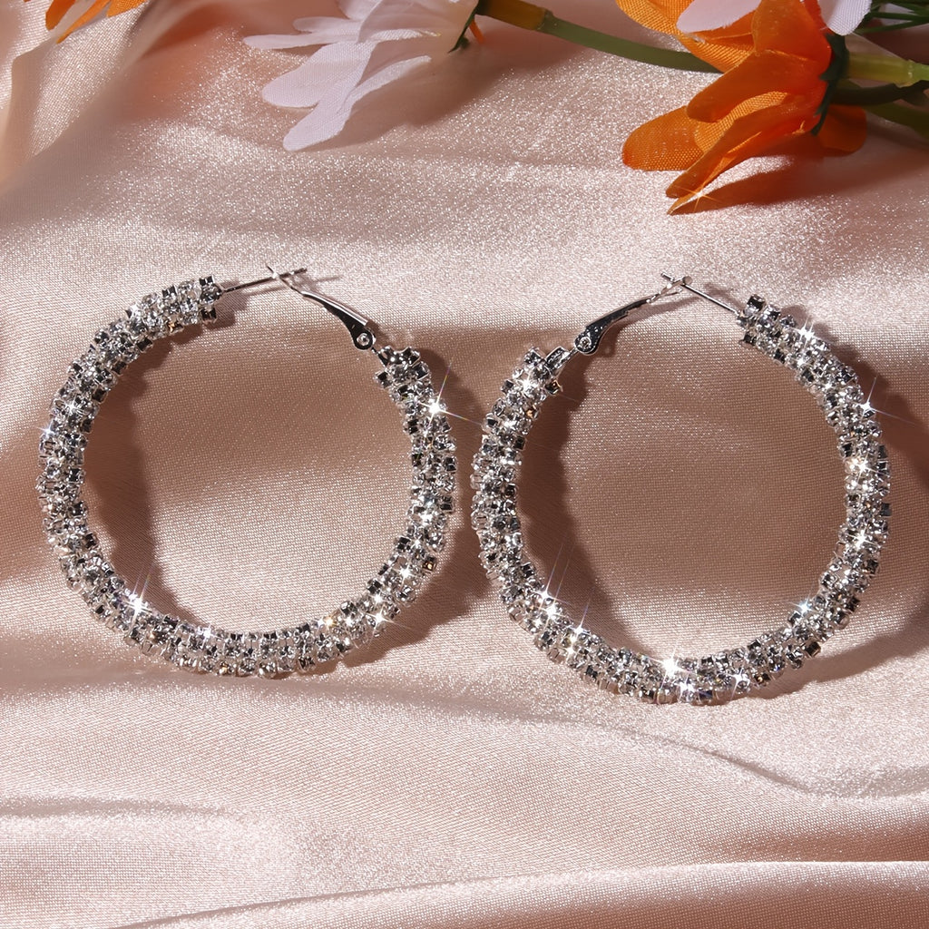 Large Full Rhinestone Hoop Earrings Silver Plated Delicate Jewelry Party Holiday Gift For Women
