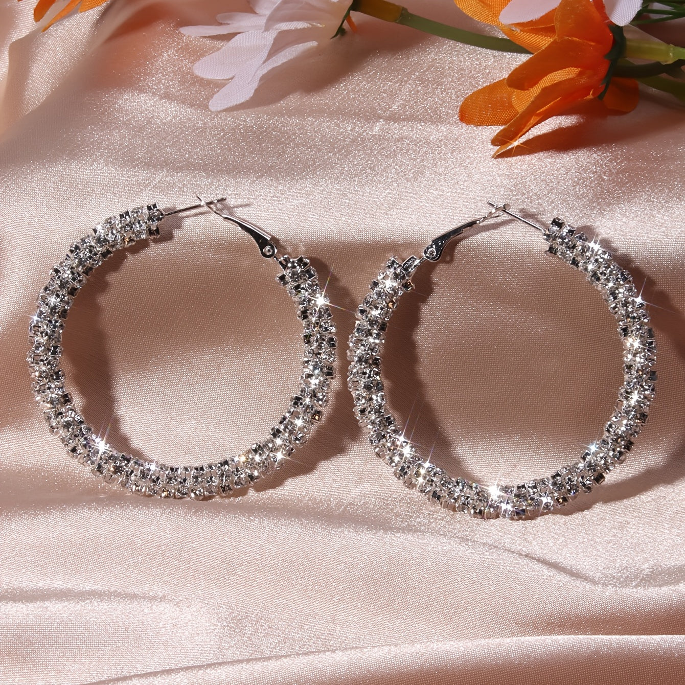Large Full Rhinestone Hoop Earrings Silver Plated Delicate Jewelry Party Holiday Gift For Women