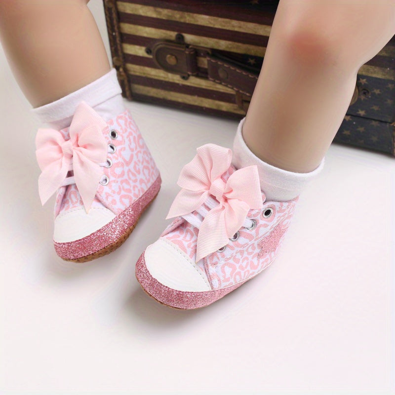Infant Baby Gils Canvas Shoes, Soft-soled Non-slip High Top First Walker Shoes With Bow Decor