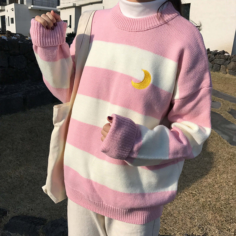 Kawaii Round Neck Striped Pullover Sweater, Casual Every Day Top For Winter & Fall, Women's Clothing