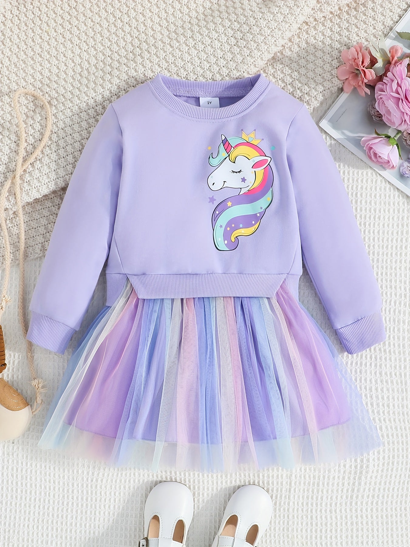 Toddler Girls Long Sleeve Cute Unicorn Graphic Color Block Mesh Spliced Princess Dress For Party Kids Clothes
