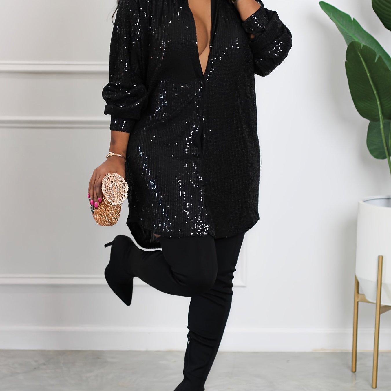 Women's Elegant Sequined Long Sleeve V-Neck Shirt Dress - Black Loose Fit Party & Casual Wear, Perfect for Birthdays and Special Occasions, Birthday Dress