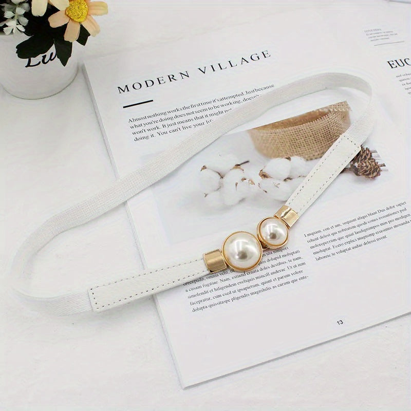 Faux Pearl Elastic Thin Belt, Women's Decoration For Dress, Fashion Simple Women's Buckle Thin Belt