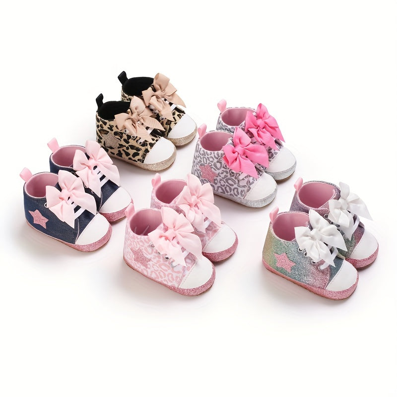 Infant Baby Gils Canvas Shoes, Soft-soled Non-slip High Top First Walker Shoes With Bow Decor