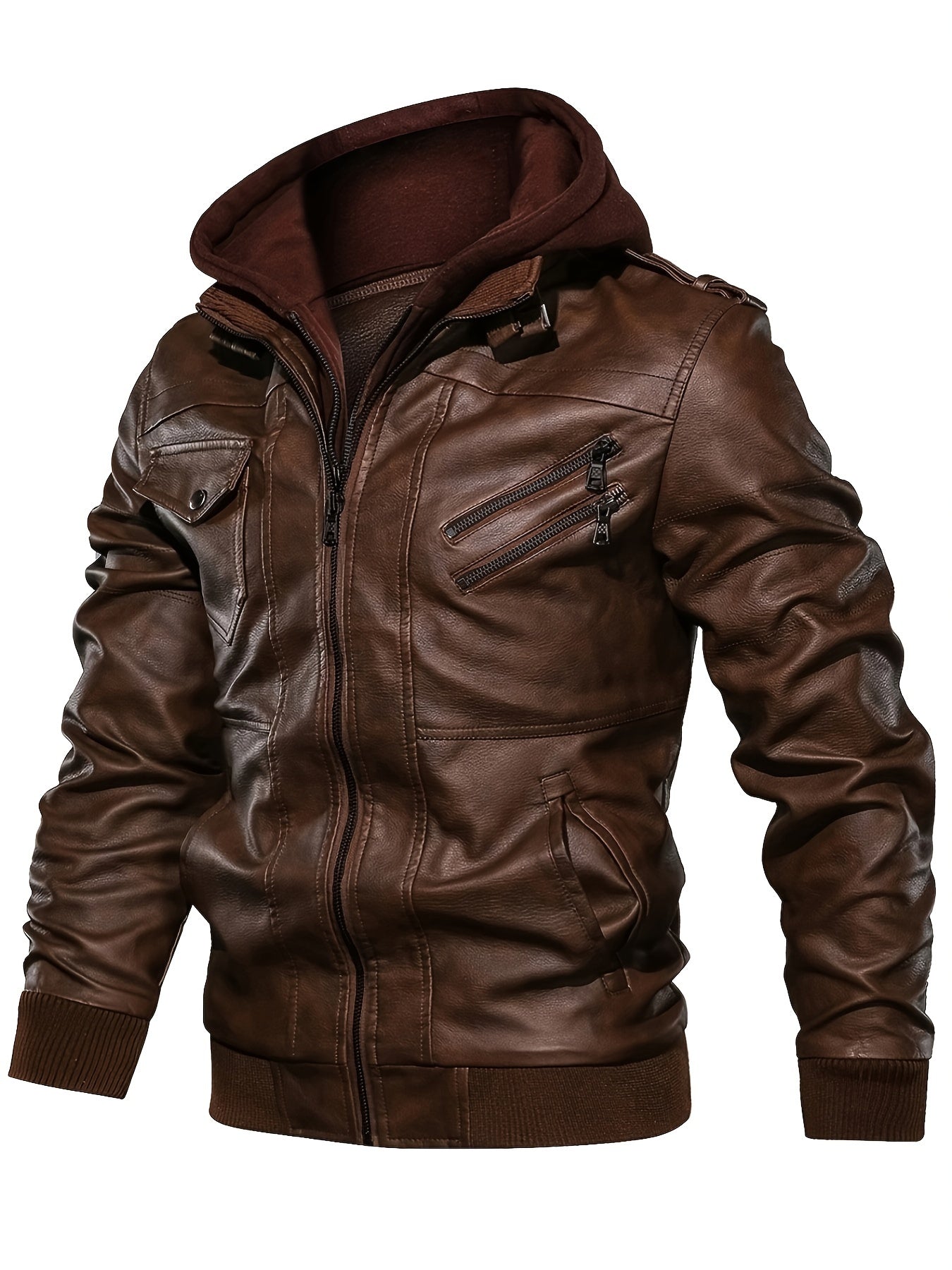 Men's PU Leather Hooded Pockets Zipper Long Sleeves Jackets