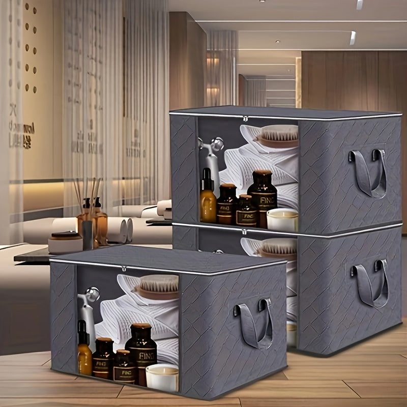 3-Pack Large Capacity Foldable Fabric Storage Bins - Ideal for Bedding, Clothes, Pillows, Quilts - Perfect for Home, Bedroom, Dorm, Spa Wardrobes - Grey Woven Material, No Electricity Needed