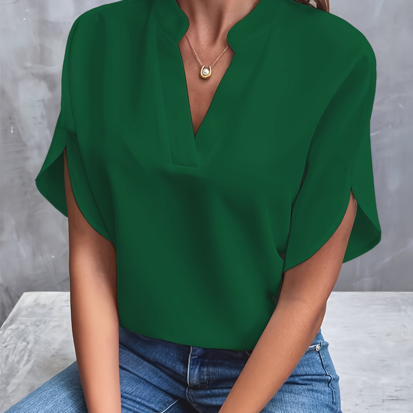 Solid Color Notch Neck Blouse, Casual Short Split Sleeve Blouse For Spring & Summer, Women's Clothing