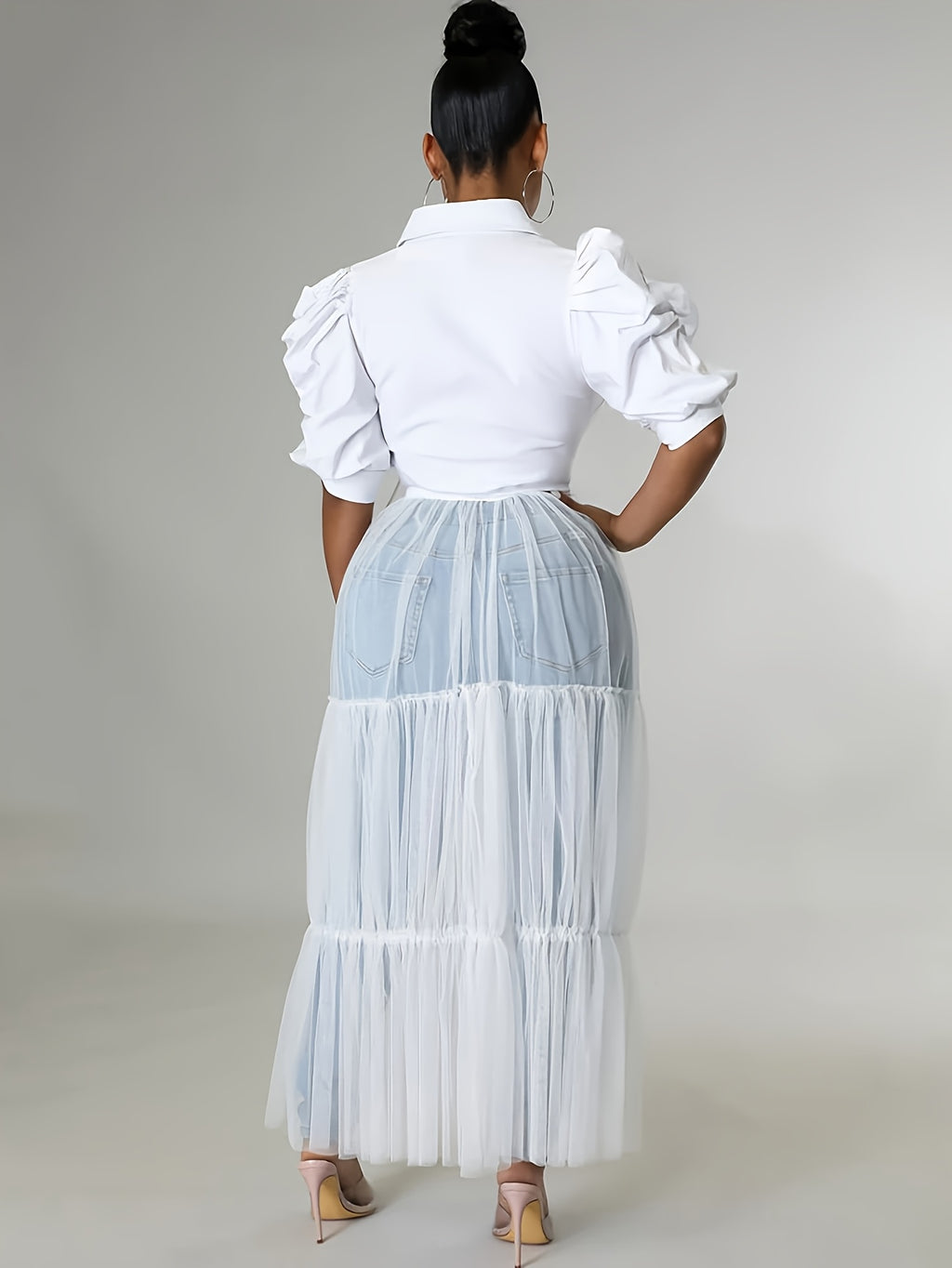 Shirt Top Stitching Mesh Dress, Sexy Short Sleeve Turn Down Collar Tie Waist Dress, Women's Clothing