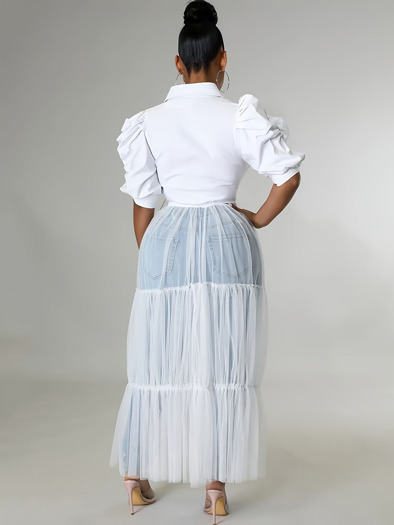 Shirt Top Stitching Mesh Dress, Sexy Short Sleeve Turn Down Collar Tie Waist Dress, Women's Clothing