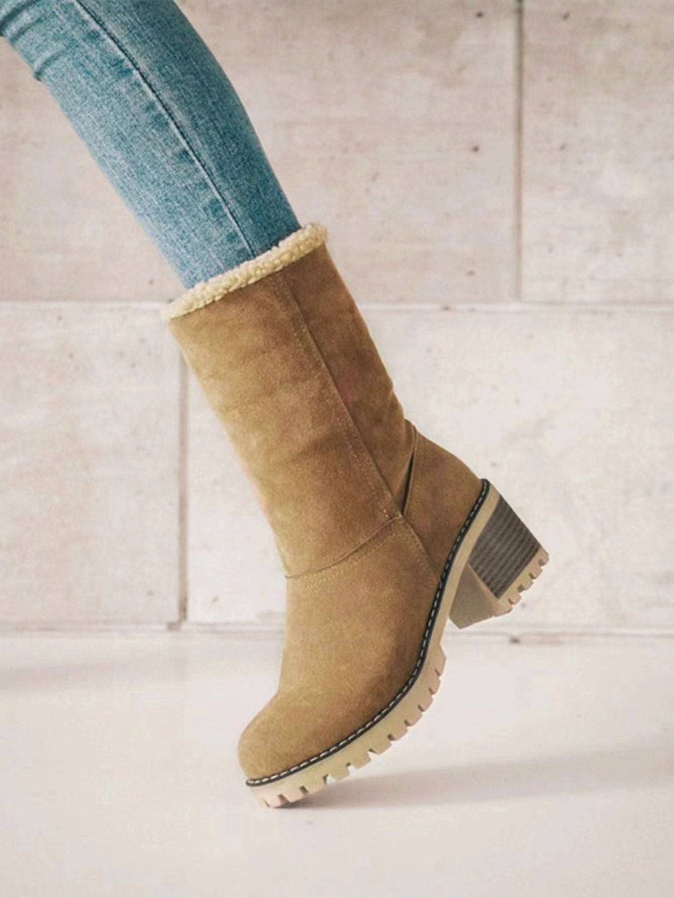 Women's Warm Faux Fur Lined Boots, Slip On Block Heeled Ankle Boots, Women's Footwear