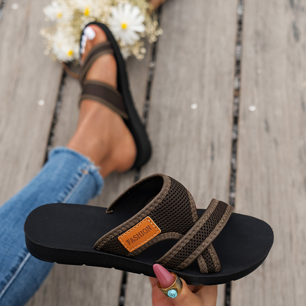Women's Breathable Mesh Slide Sandals - Comfortable Open-Toe Flat Shoes with Crisscross Straps, Lightweight Summer Footwear in Black/Brown or Red/Black, Casual Indoor & Outdoor Wear, Strappy Sandals