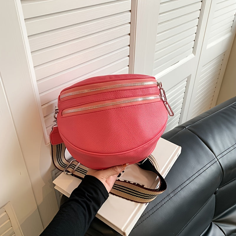 Black Synthetic Leather Crossbody Bag with Adjustable Striped Strap - Large Capacity Shoulder Messenger Bag for Women, Zipper Closure, Polyester Lining, Versatile Solid Color Design