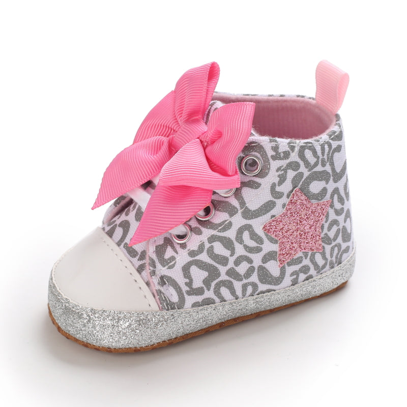 Infant Baby Gils Canvas Shoes, Soft-soled Non-slip High Top First Walker Shoes With Bow Decor