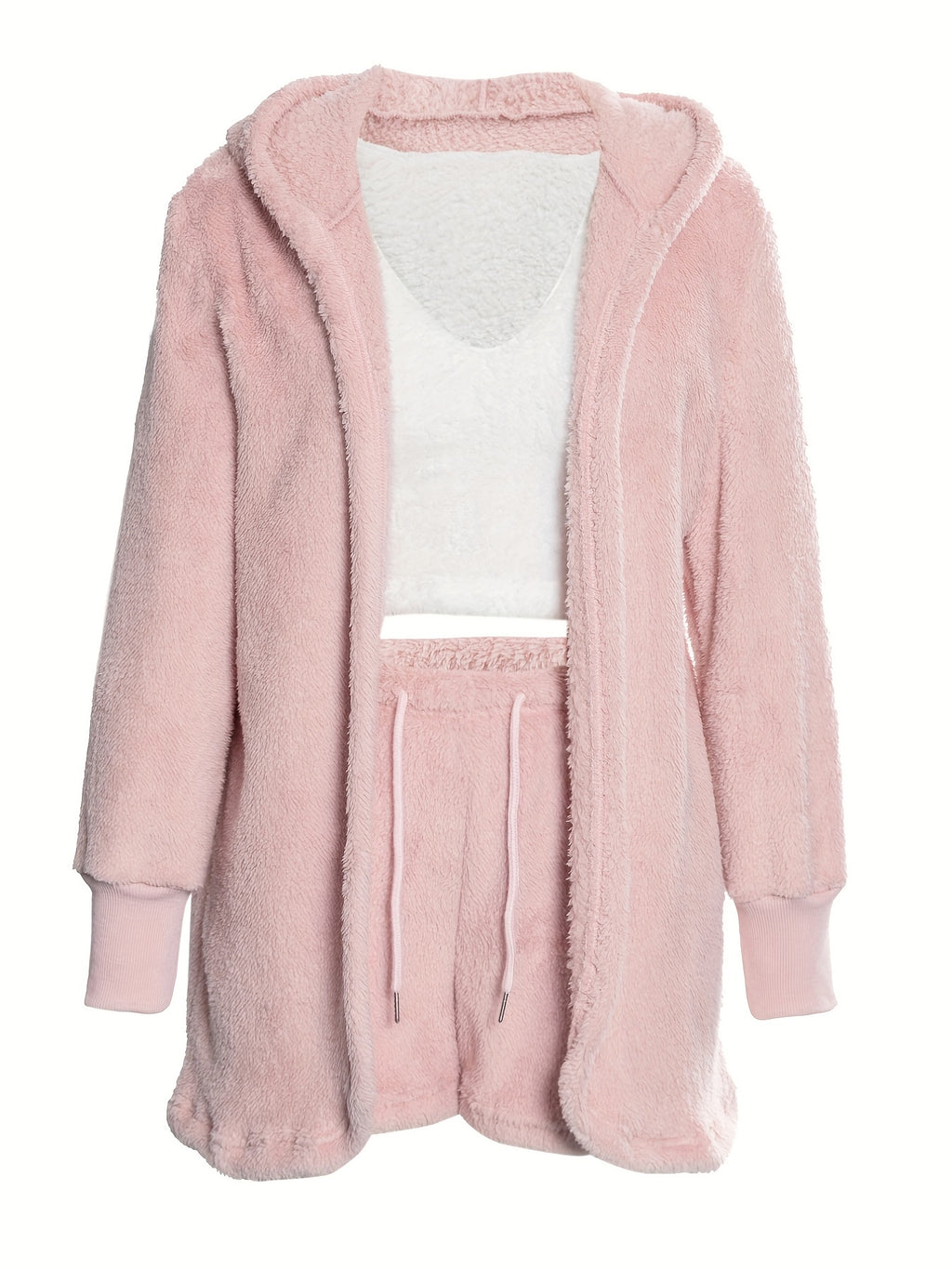 Warm Fuzzy Pajama Set, Long Sleeve Hooded Robe & Tank Top & Drawstring Shorts, Women's Sleepwear & Loungewear