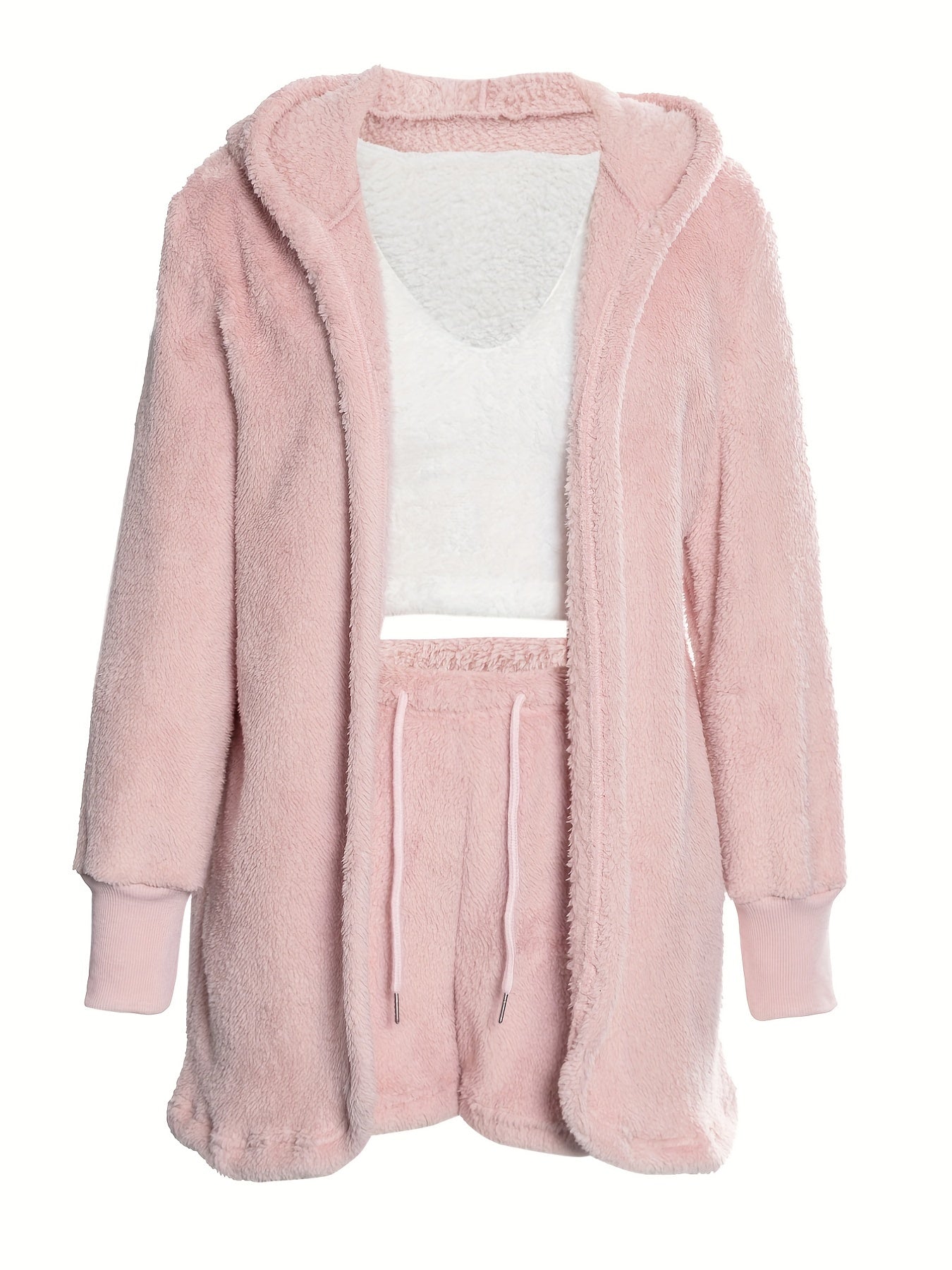 Warm Fuzzy Pajama Set, Long Sleeve Hooded Robe & Tank Top & Drawstring Shorts, Women's Sleepwear & Loungewear