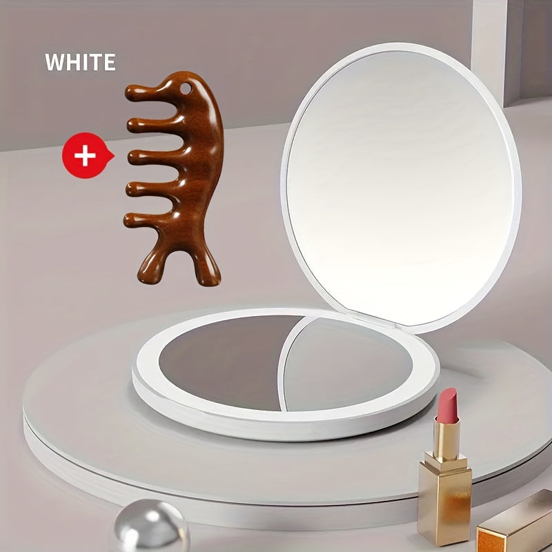 1pc Compact Round Foldable LED Vanity Mirror - Travel Portable Lighted Makeup Mirror for Purse Handbag - 2x Magnification, Double-sided, Handheld, Mini Touch-up Mirror with Light for Travel Essentials