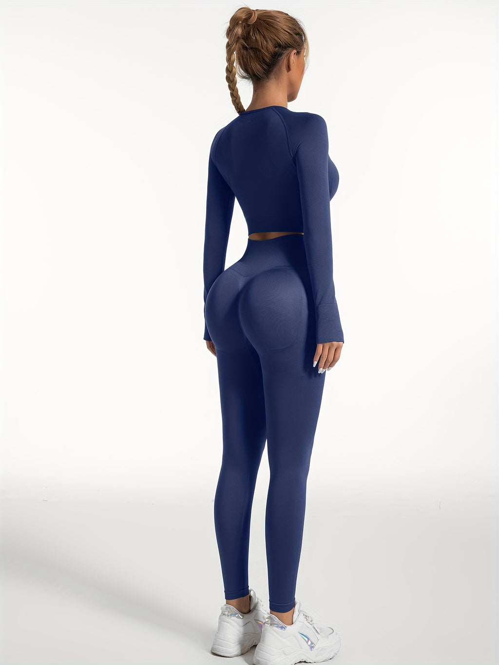 Women's Yoga Sports Suits, Seamless Stretchy Fitness Suits, Long Sleeve Thumb Hole Cropped Top & Slimming Leggings, Women's Activewear