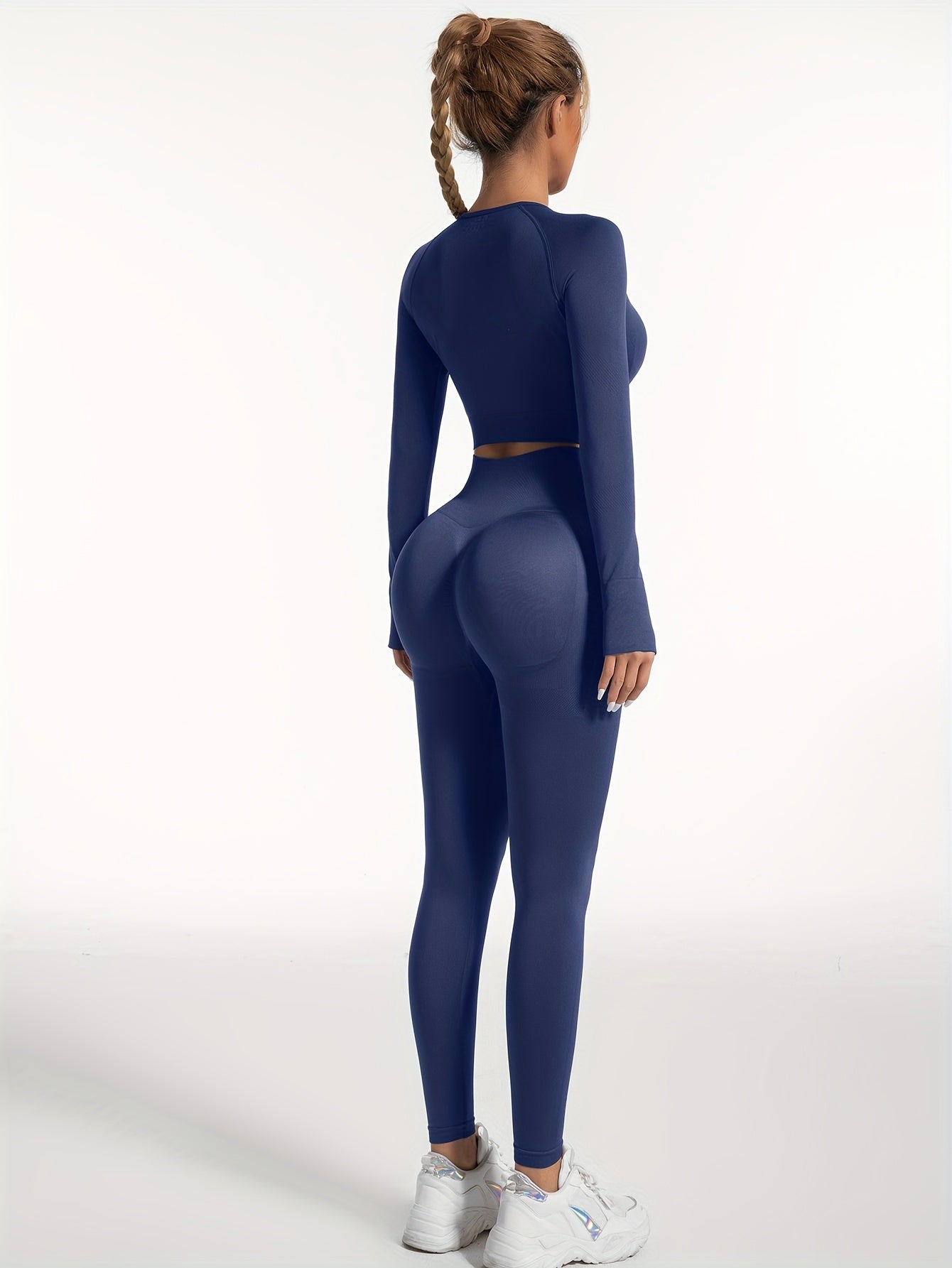 Women's Yoga Sports Suits, Seamless Stretchy Fitness Suits, Long Sleeve Thumb Hole Cropped Top & Slimming Leggings, Women's Activewear