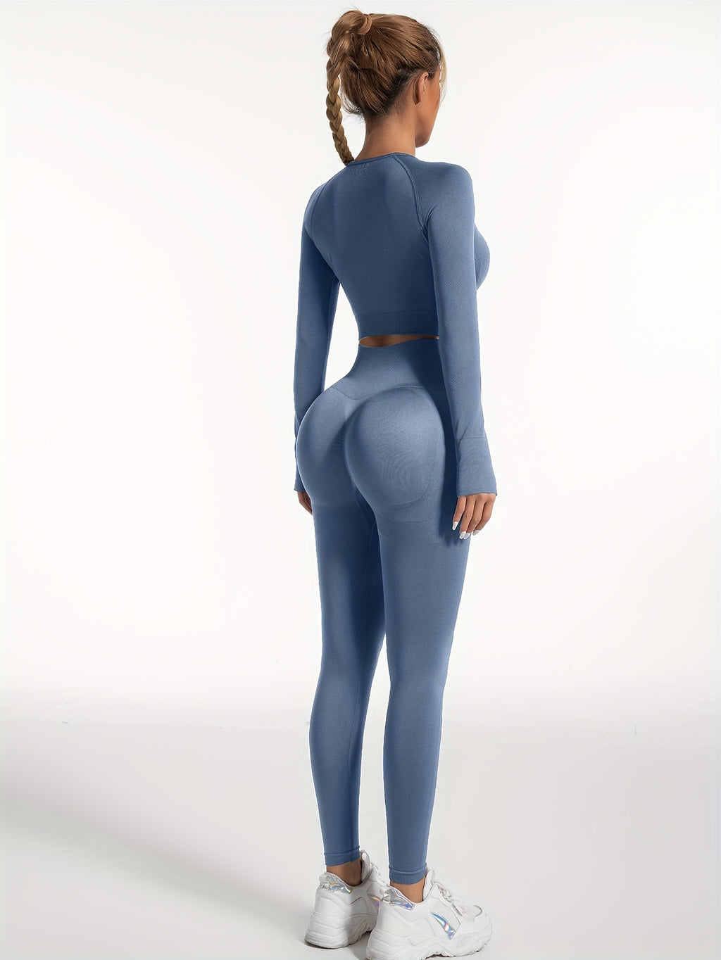 Women's Yoga Sports Suits, Seamless Stretchy Fitness Suits, Long Sleeve Thumb Hole Cropped Top & Slimming Leggings, Women's Activewear