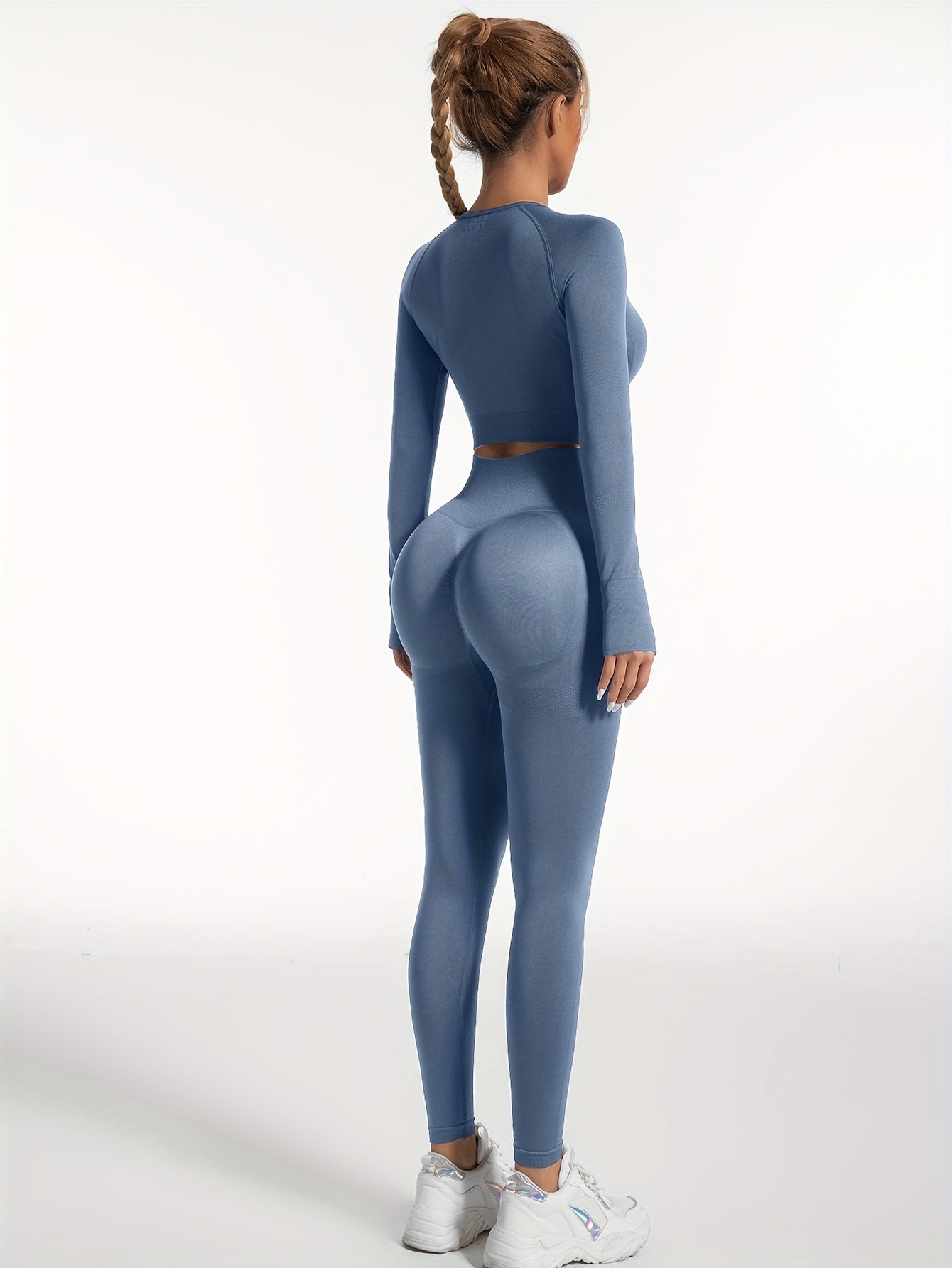 Women's Yoga Sports Suits, Seamless Stretchy Fitness Suits, Long Sleeve Thumb Hole Cropped Top & Slimming Leggings, Women's Activewear