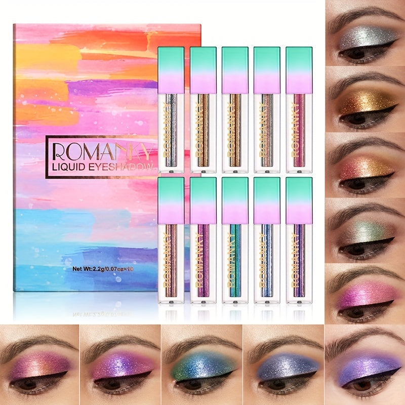 10-Color Golden Brown Glitter Liquid Eyeshadow Set - Vibrant, Long-Lasting, Fast-Drying, and Smudge-Proof Formula - Perfect for Women's Makeup for Music Festival, Party, and Everyday Use