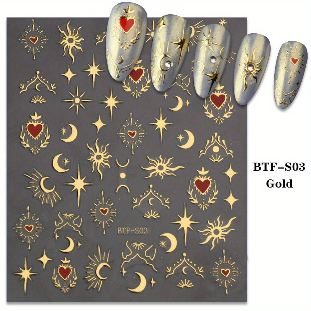Golden Sun, Moon, and Star Nail Art Stickers - Self-Adhesive 3D Decals for French Nail Design and DIY Decoration