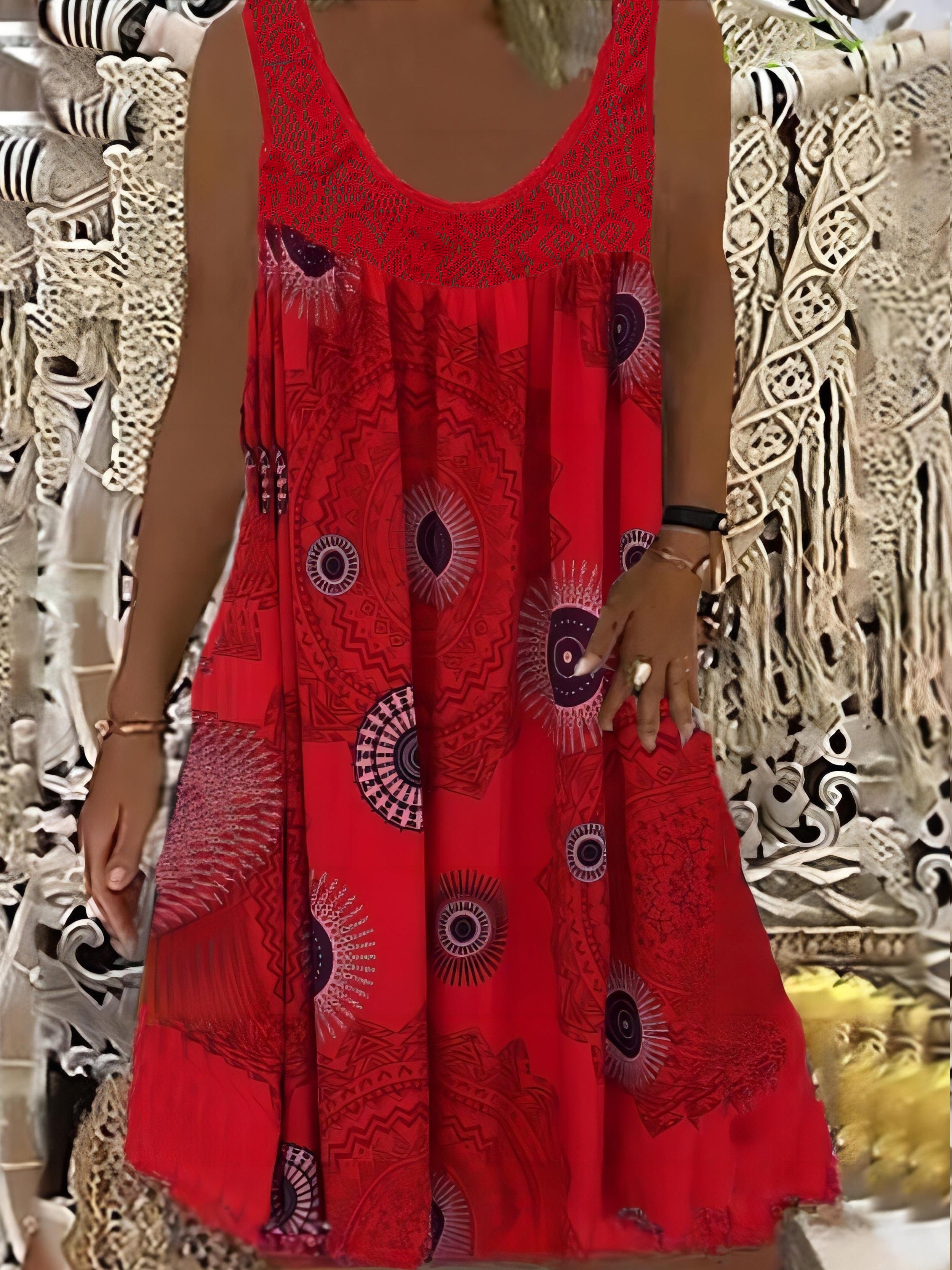 Women's Elegant Sleeveless A-Line Dress with Contrast Lace Hem & Geometric Print - Knee-Length Flared Skirt, Round Neck, Machine Washable, Plus Size Friendly for Casual & Semi-Formal Occasions, Lace Detailing, Comfortable Fit