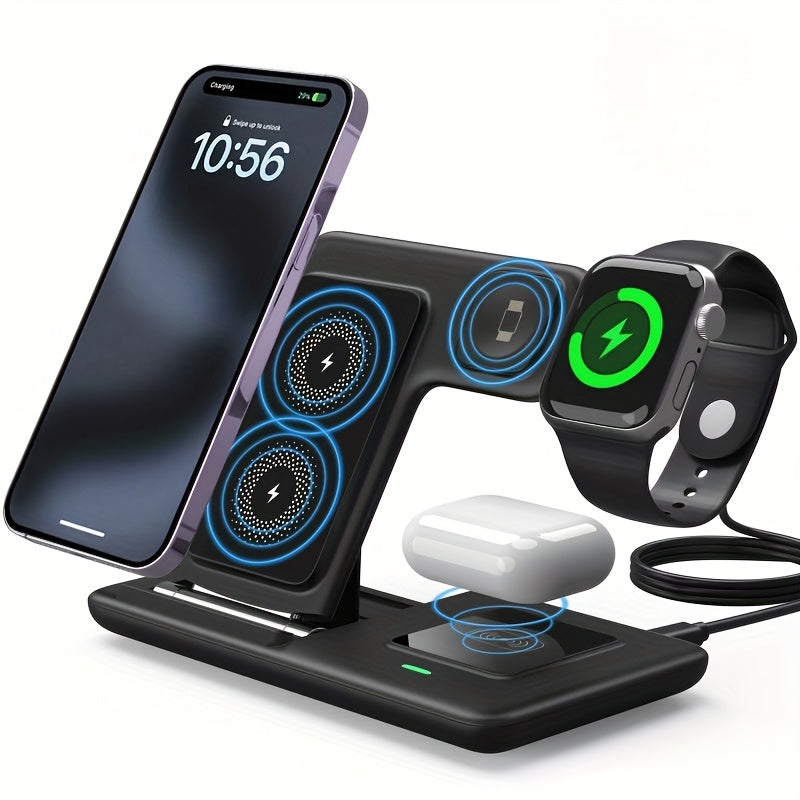 [3-in-1 Charging Station] 3-in-1 Wireless Charging Station for iPhone 15/14/13/12/11/Pro/Max/Mini/Plus, X, XR, XS/Max, SE, 8/Plus, for iWatch 1-9 & for AirPods 3/2/Pro - Magnetic USB Charger with Adjustable Stand, Compact Des