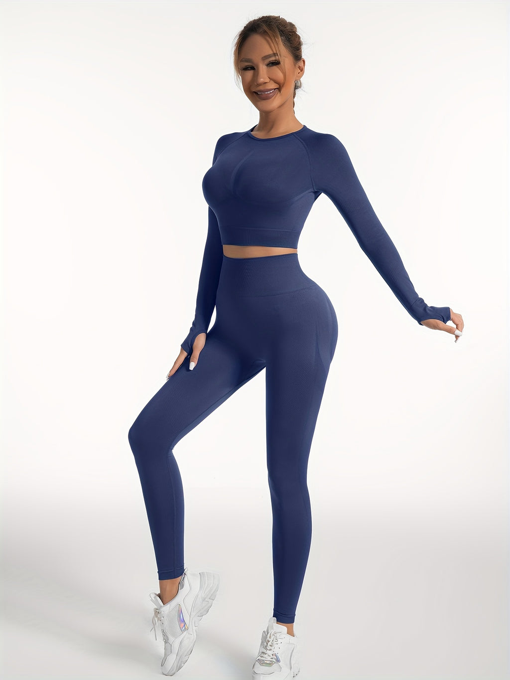 Women's Yoga Sports Suits, Seamless Stretchy Fitness Suits, Long Sleeve Thumb Hole Cropped Top & Slimming Leggings, Women's Activewear
