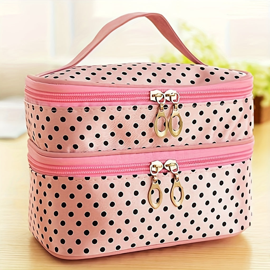 Polka Dot Double Layer Travel Makeup Case - Toiletry Pouch Storage Bag With Handle And Brush Storage Area For Women Ladies