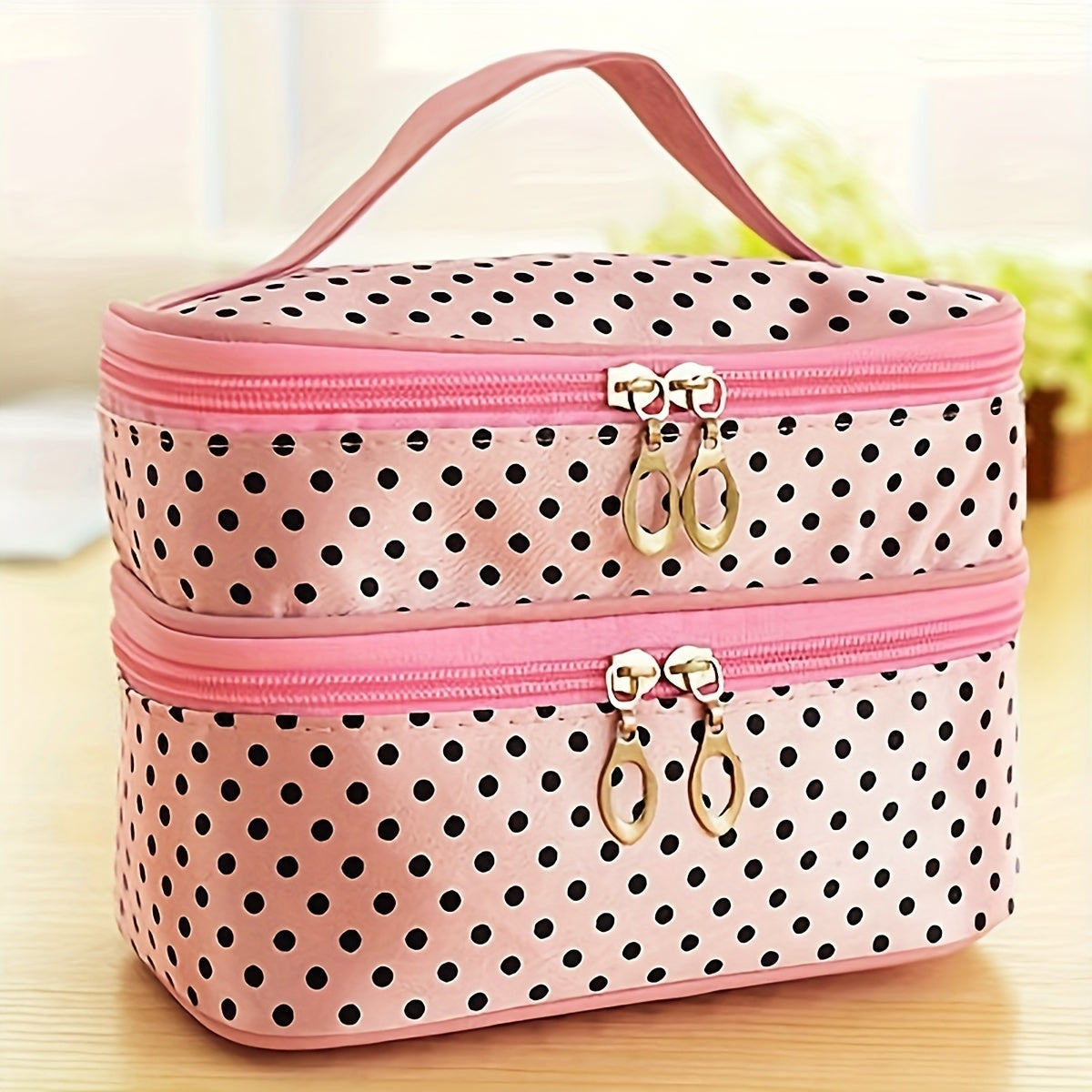 Polka Dot Double Layer Travel Makeup Case - Toiletry Pouch Storage Bag With Handle And Brush Storage Area For Women Ladies