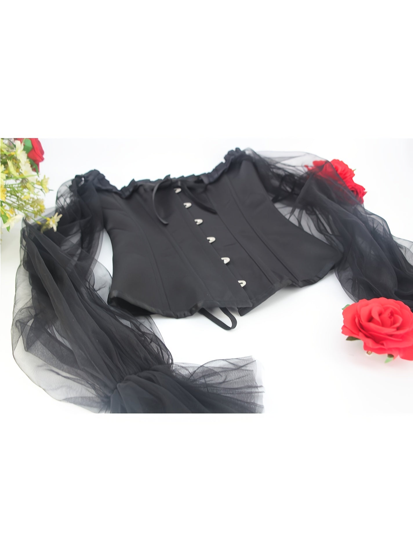 Off Shoulder Neck Corsets For Women Sheer Mesh Long Puff Sleeve Overbust Corset Gothic Lace-up Boned Bustier Tops Black