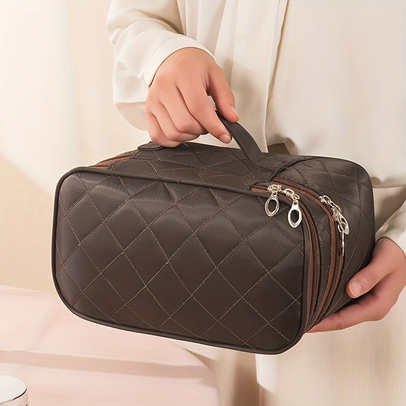[Fashionable Makeup Bag] Double Layer Makeup Bag | Fashionable Nylon Quilted Pattern, Multi-functional Large Capacity Travel Storage Toiletry Bag