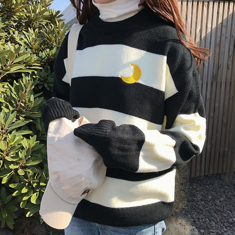 Kawaii Round Neck Striped Pullover Sweater, Casual Every Day Top For Winter & Fall, Women's Clothing