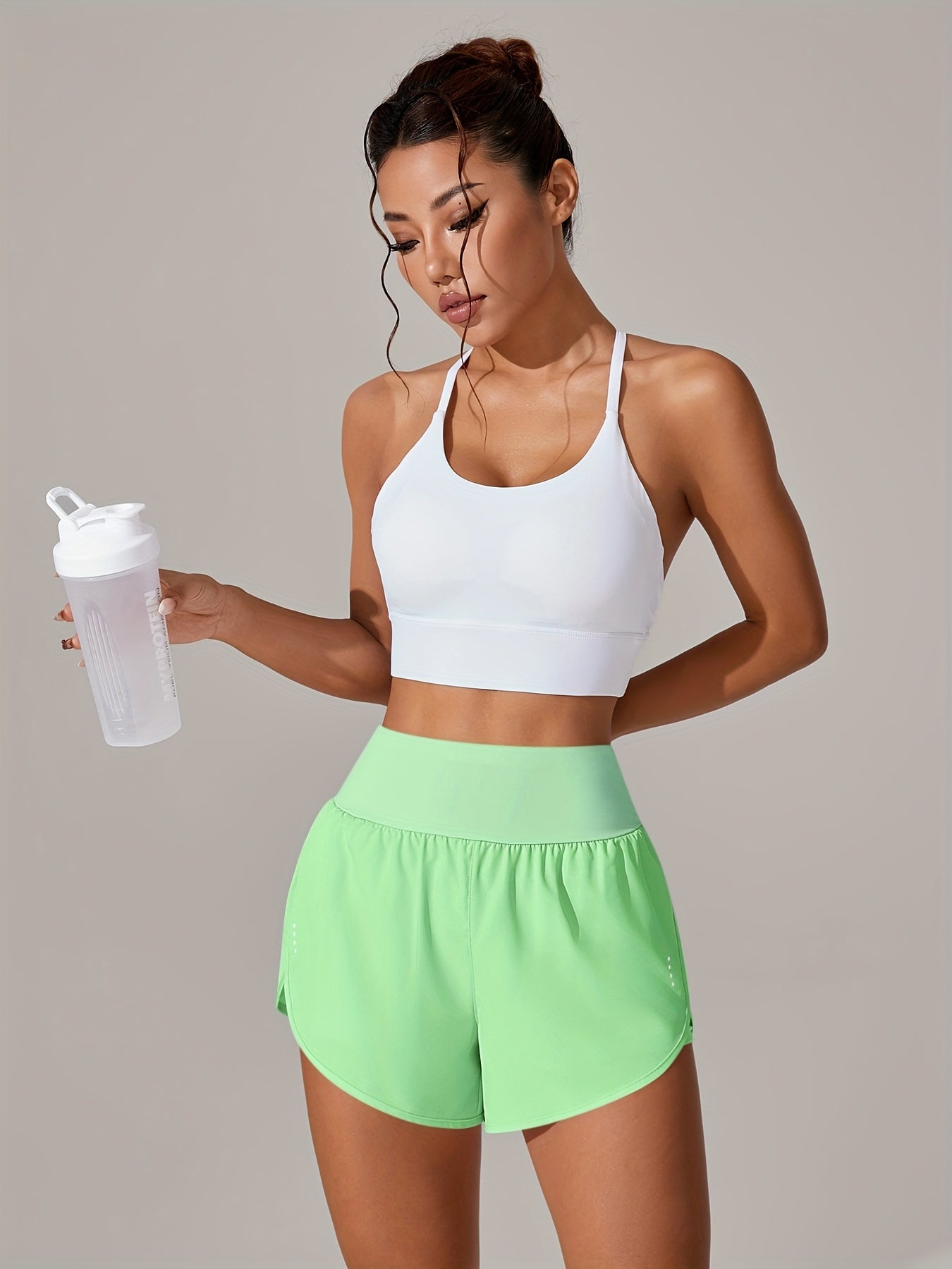 [Yoga Activewear] Women's Light Blue Yoga Shorts - Casual & Loose-Fit, High-Waisted with Ruffle Detail, Stretchy Polyester-Elastane Blend, Machine Washable, Perfect for Spring/Summer/Fall