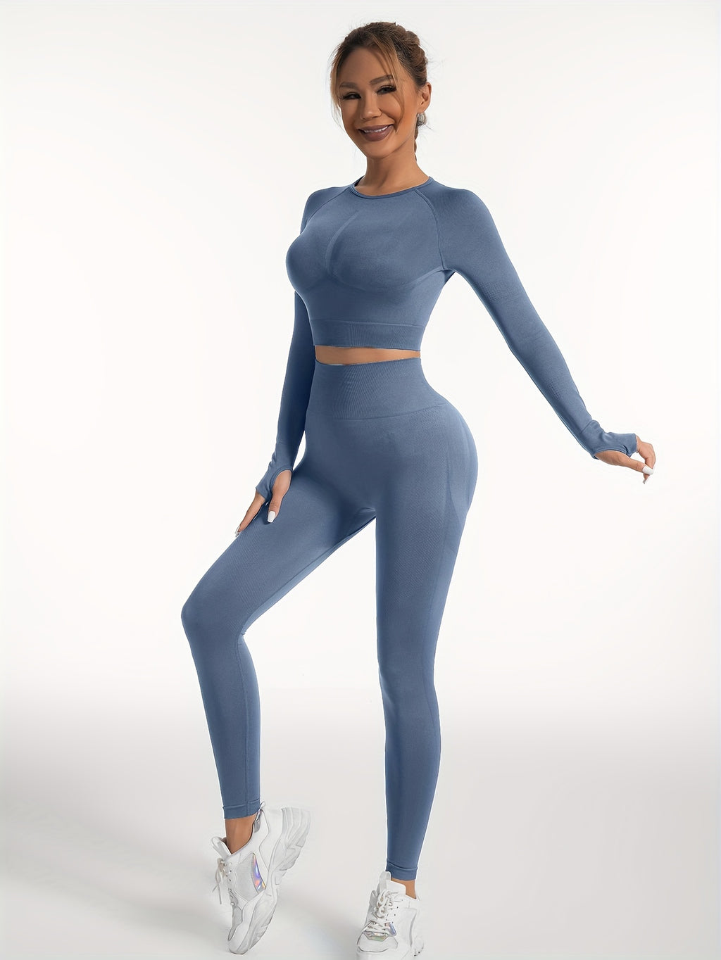 Women's Yoga Sports Suits, Seamless Stretchy Fitness Suits, Long Sleeve Thumb Hole Cropped Top & Slimming Leggings, Women's Activewear