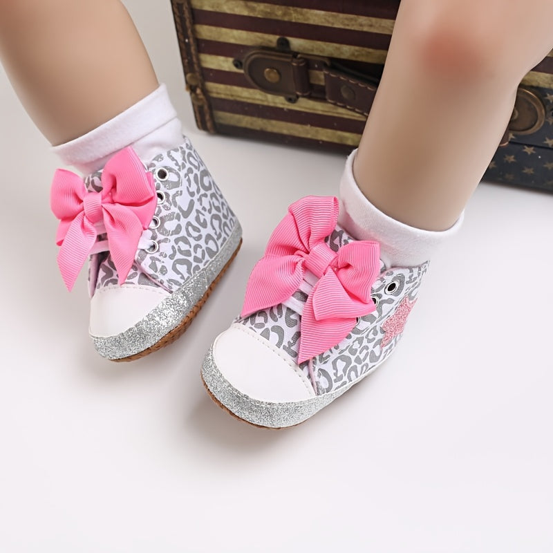 Infant Baby Gils Canvas Shoes, Soft-soled Non-slip High Top First Walker Shoes With Bow Decor