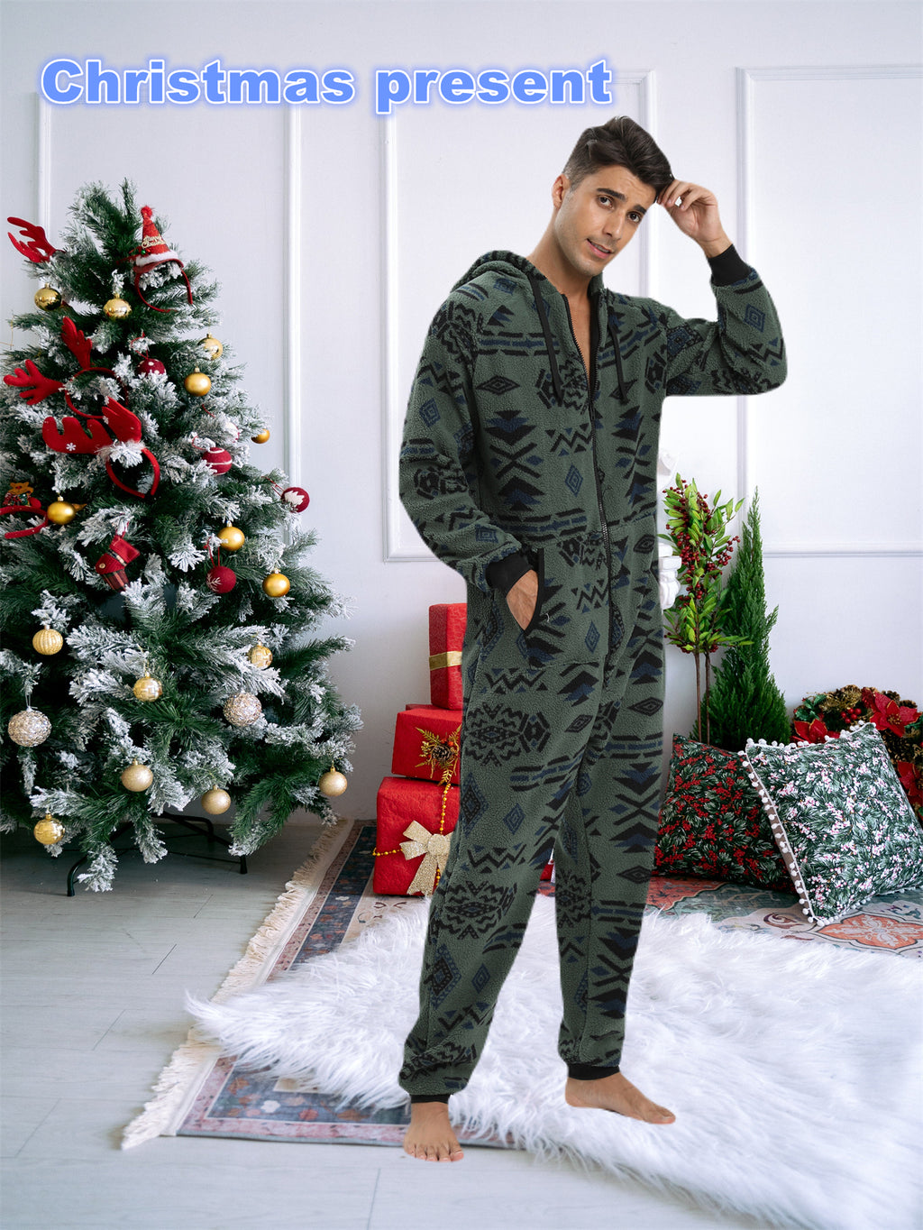 Men'S Heavy-Duty Full-Zip Hooded Onesie - Long Sleeve Winter Sleepwear, Thermal Insulated Lounge suit with Drawstring Hood, Loose Fit Onesie for Cold Weather, Christmas Costume & Everyday Indoor/Outdoor Use - Easy Zipper Clos