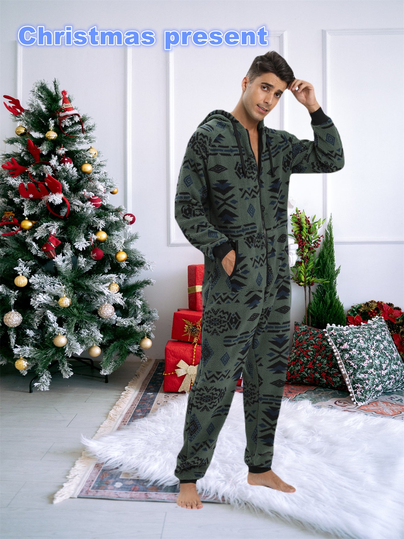 Men'S Heavy-Duty Full-Zip Hooded Onesie - Long Sleeve Winter Sleepwear, Thermal Insulated Lounge suit with Drawstring Hood, Loose Fit Onesie for Cold Weather, Christmas Costume & Everyday Indoor/Outdoor Use - Easy Zipper Clos